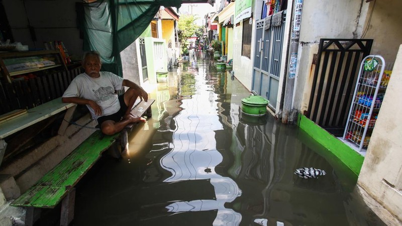 Banjir rob ini disebabkan karena pasang air laut yang tinggi akibat adanya fase bulan purnama.